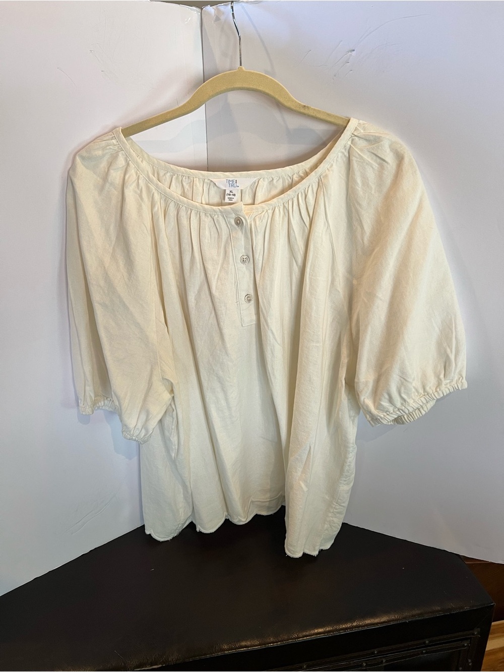 Time and Tru Cream Peasant Top with Button Placket